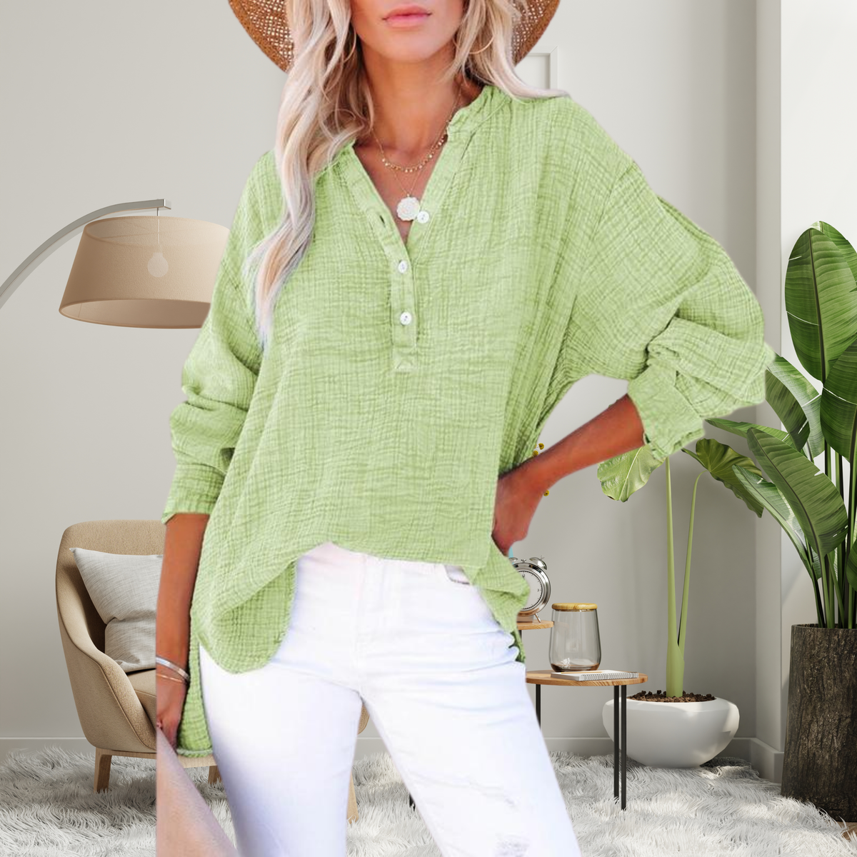 BRYLIN™ - Casual Button V-Neck Long Sleeve Oversized Blouse